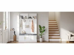 Merax Taquilla - 120 x 40 x 191 cm - con banco zapatero + armario + 6 ganchos triples - aglomerado - Blanco Clearance
