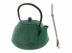 Tetera de hierro fundido Hanami verde esmeralda 1.2 L + pajita de acero inoxidable con filtro^