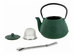 Tetera de hierro fundido Hanami verde esmeralda 1.2 L + pajita de acero inoxidable con filtro^