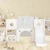 Tobogán de HDPE 6 en 1 para niños con plataforma, escaleras, 2 áreas de almacenamiento, sala de juegos y aro de baloncesto, color gris^ Hot