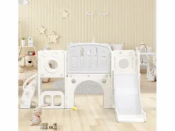 Tobogán de HDPE 6 en 1 para niños con plataforma, escaleras, 2 áreas de almacenamiento, sala de juegos y aro de baloncesto, color gris^ Hot
