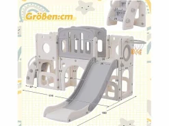 Tobogán de HDPE 6 en 1 para niños con plataforma, escaleras, 2 áreas de almacenamiento, sala de juegos y aro de baloncesto, color gris^ Hot