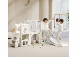 Tobogán de HDPE 6 en 1 para niños con plataforma, escaleras, 2 áreas de almacenamiento, sala de juegos y aro de baloncesto, color gris^ Hot