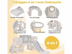 Tobogán de HDPE 6 en 1 para niños con plataforma, escaleras, 2 áreas de almacenamiento, sala de juegos y aro de baloncesto, color gris^ Hot