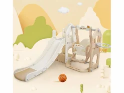 Tobogán de polipropileno 5 en 1 para niños de 3 a 8 años, columpio, tobogán, escalada, espacio de almacenamiento, marco de baloncesto, rosa antiguo^ Clearance