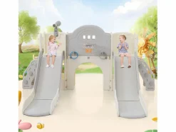 Merax Tobogán doble 8 en 1 para niños - 200 x 165 x 95 cm - HDPE - Con espacio de almacenamiento y aro de baloncesto - Gris New