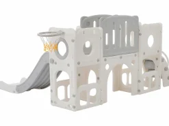 ModernLuxe Tobogán infantil 6 en 1 - compuesto por tobogán, canasta de baloncesto, escalera, túnel y dos espacios de almacenamiento - Polietileno - Gris claro Online