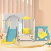 Tobogán|Tobogán infantil 5 en 1 con autobús, columpios, tobogán, escalera para trepar, aro de baloncesto y canasta de baloncesto, verde