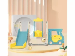 Tobogán|Tobogán infantil 5 en 1 con autobús, columpios, tobogán, escalera para trepar, aro de baloncesto y canasta de baloncesto, verde
