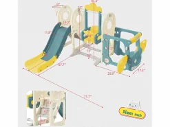 Tobogán|Tobogán infantil 5 en 1 con autobús, columpios, tobogán, escalera para trepar, aro de baloncesto y canasta de baloncesto, verde