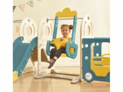 Tobogán|Tobogán infantil 5 en 1 con autobús, columpios, tobogán, escalera para trepar, aro de baloncesto y canasta de baloncesto, verde
