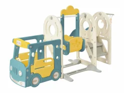 Tobogán|Tobogán infantil 5 en 1 con autobús, columpios, tobogán, escalera para trepar, aro de baloncesto y canasta de baloncesto, verde