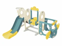 Tobogán|Tobogán infantil 5 en 1 con autobús, columpios, tobogán, escalera para trepar, aro de baloncesto y canasta de baloncesto, verde