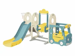 Tobogán|Tobogán infantil 5 en 1 con autobús, columpios, tobogán, escalera para trepar, aro de baloncesto y canasta de baloncesto, verde