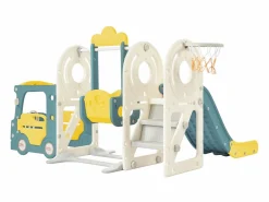Tobogán|Tobogán infantil 5 en 1 con autobús, columpios, tobogán, escalera para trepar, aro de baloncesto y canasta de baloncesto, verde