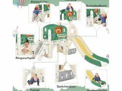 Tobogán|Tobogán para niños, parque infantil interior y exterior, con aro de baloncesto, tobogán y zona de escalada, color verde