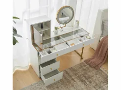 Merax Tocador|Tocador con espejo, 5 cajones y puerta de cristal - 120 x 45 x 115 cm - Tablero de partículas - LED - (sin taburete)