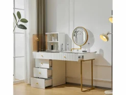 Merax Tocador|Tocador con espejo, 5 cajones y puerta de cristal - 120 x 45 x 115 cm - Tablero de partículas - LED - (sin taburete)