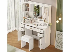 ModernLuxe Tocador con espejo 152×40×105 cm - con taburete - con LED regulable y toma de corriente - con 6 cajones y 4 puertas - Blanco Clearance