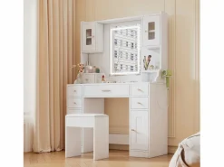ModernLuxe Tocador con espejo 152×40×105 cm - con taburete - con LED regulable y toma de corriente - con 6 cajones y 4 puertas - Blanco Clearance