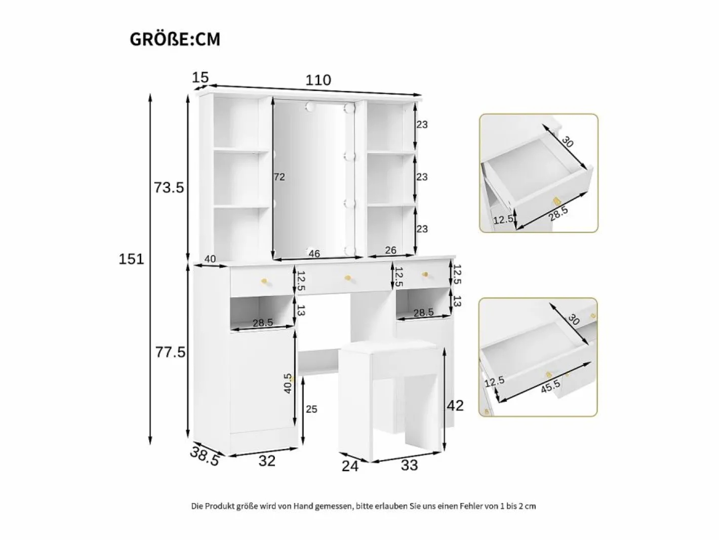 Tocador con espejo - con taburete - con iluminación LED ajustable - 2 puertas y 3 cajones -^ModernLuxe Best