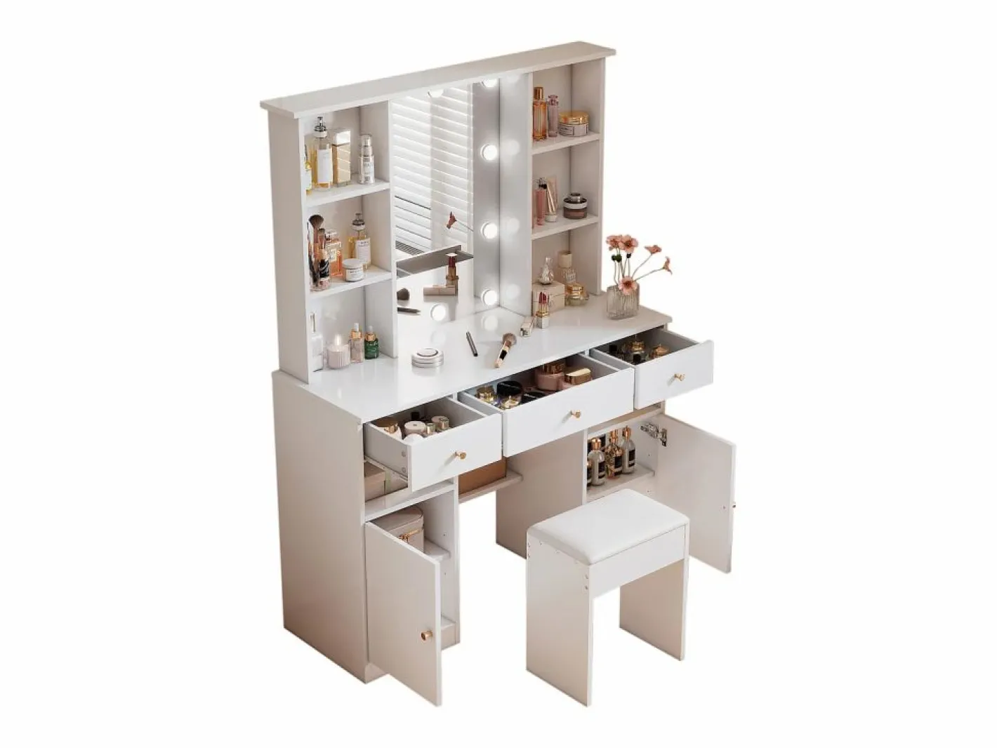 Tocador con espejo - con taburete - con iluminación LED ajustable - 2 puertas y 3 cajones -^ModernLuxe Best