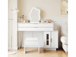 Merax Tocador con espejo LED - 100 x 40 x 78 cm - con 2 cajones + 2 puertas - sin taburete - aglomerado - Blanco Best