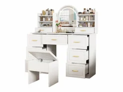 Tocador con espejo, LED, 9 cajones, mesa de maquillaje, (120x40x135 cm)^ Discount