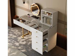 Merax Tocador con espejo LED - tapa de cristal templado transparente - con 5 cajones - 120 x 40 x 120 cm - MDF + cristal - Blanco Discount