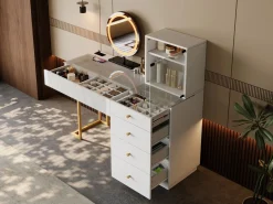 Merax Tocador con espejo LED - tapa de cristal templado transparente - con 5 cajones - 120 x 40 x 120 cm - MDF + cristal - Blanco Discount