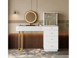 Tocador con espejo 120x40x120cm - con LED ajustable - con 5 cajones y 1 puerta de vidrio - Blanco​ (taburete no incluido)^ModernLuxe Online