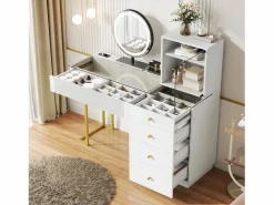 Tocador con espejo 120x40x120cm - con LED ajustable - con 5 cajones y 1 puerta de vidrio - Blanco​ (taburete no incluido)^ModernLuxe Online