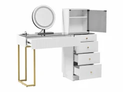 Tocador con espejo 120x40x120cm - con LED ajustable - con 5 cajones y 1 puerta de vidrio - Blanco​ (taburete no incluido)^ModernLuxe Online