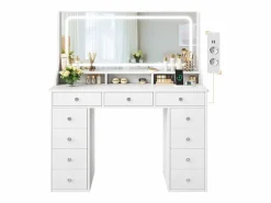 DripeX Tocador|Tocador con gran espejo e iluminación LED, toma de Corriente + USB, brillo ajustable, 11 Cajones, , 110x40x135cm