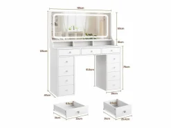 DripeX Tocador|Tocador con gran espejo e iluminación LED, toma de Corriente + USB, brillo ajustable, 11 Cajones, , 110x40x135cm