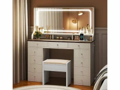 DripeX Tocador|Tocador con gran espejo e iluminación LED, toma de Corriente + USB, brillo ajustable, 11 Cajones, Marrón Chocolate, 110x40x135cm