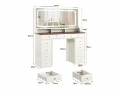 DripeX Tocador|Tocador con gran espejo e iluminación LED, toma de Corriente + USB, brillo ajustable, 11 Cajones, Marrón Chocolate, 110x40x135cm
