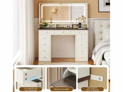 DripeX Tocador|Tocador con gran espejo e iluminación LED, toma de Corriente + USB, brillo ajustable, 11 Cajones, Marrón Chocolate, 110x40x135cm