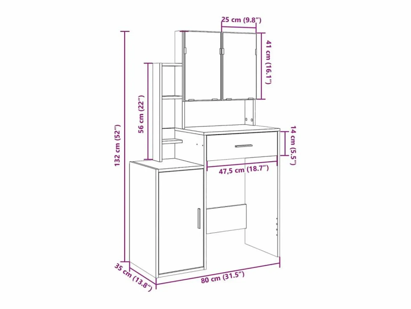 vidaxl Tocador|Tocador con mueble 80x35x132 cm