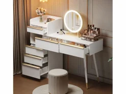 Merax Tocador con tablero extensible - 100 x 41,5 x 102 cm - con 6 cajones + espejo LED - aglomerado - Blanco New