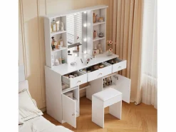 OKWISH Tocador de dormitorio con 3 cajones y 2 puertas, espejo LED, color - Incluye taburete Blanco Outlet