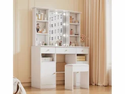 OKWISH Tocador de dormitorio con 3 cajones y 2 puertas, espejo LED, color - Incluye taburete Blanco Outlet
