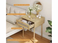 Tocador|Tocador de ratán con espejo, diseño compacto y elegante, MDF y cristal, roble (60x50x128 cm)