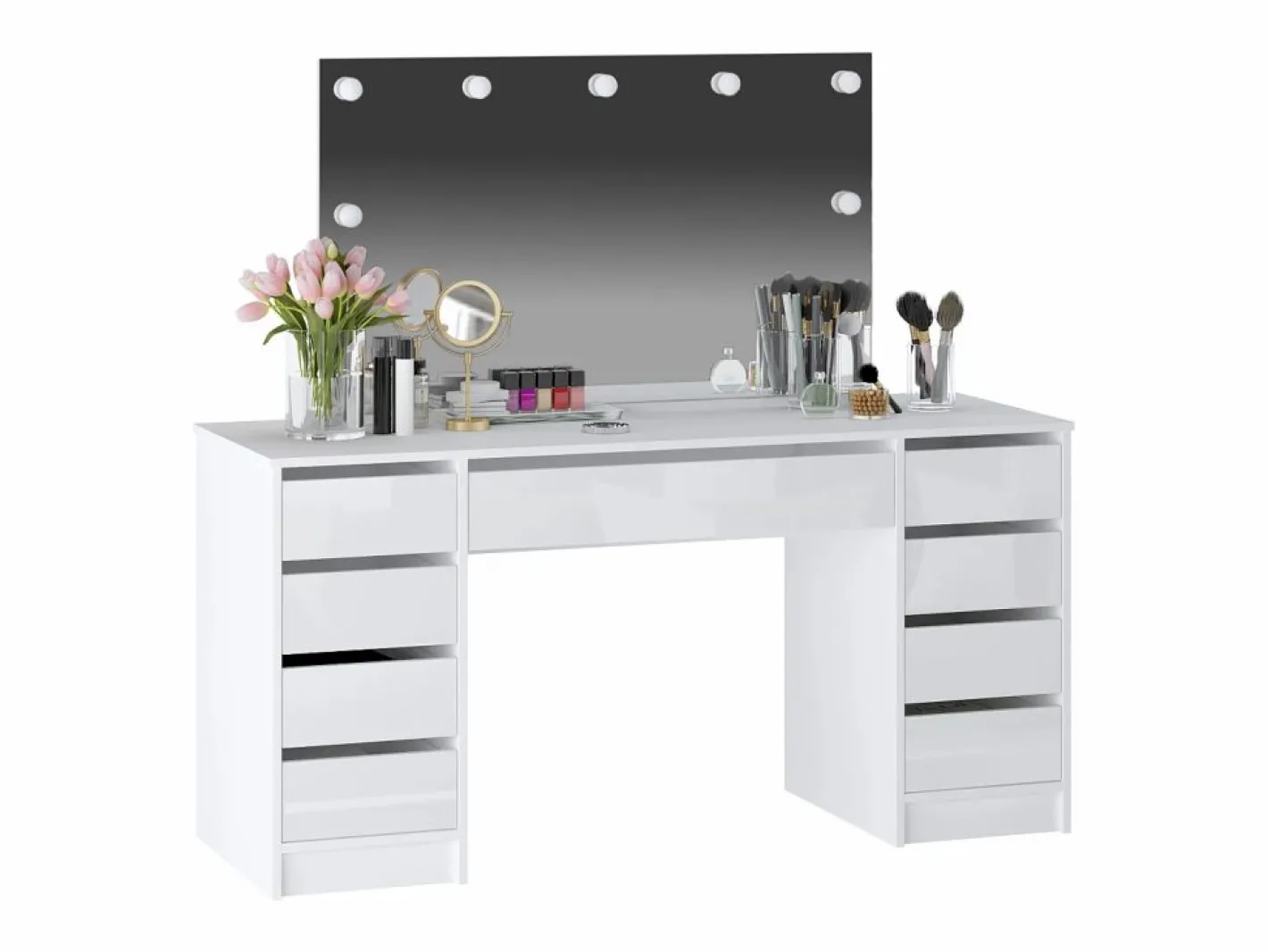 Tocador doble con espejo con LEDs y 9 cajones en color blaco brillante - JENEMI^Vente-unique Discount