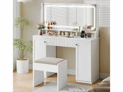 DripeX Tocador, Espejo LED Grande con Brillo Ajustable, 1 Cajón y 2 Puertas, 2 Tomas AC y 2 Puertos USB, , 110x40x135cm Blanco New