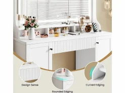 DripeX Tocador, Espejo LED Grande con Brillo Ajustable, 1 Cajón y 2 Puertas, 2 Tomas AC y 2 Puertos USB, , 110x40x135cm Blanco New