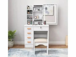 LLB Tocador Maquillaje Mesa Espejo con luz LED Deslizante Taburete Caroline Blanco Outlet