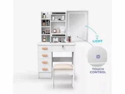 LLB Tocador Maquillaje Mesa Espejo con luz LED Deslizante Taburete Caroline Blanco Outlet