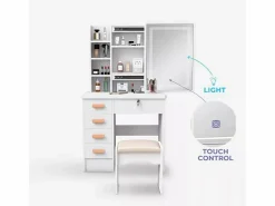 LLB Tocador Maquillaje Mesa Espejo con luz LED Deslizante Taburete Caroline Blanco Outlet