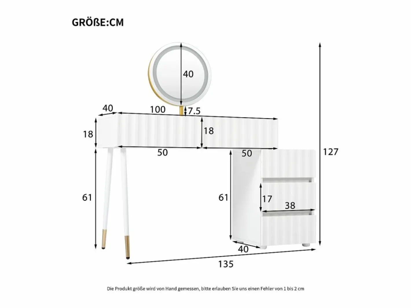 Tocador moderno con espejo LED - con 3 cajones - 100 x 40 x 127 cm -^Hauss Spole Best